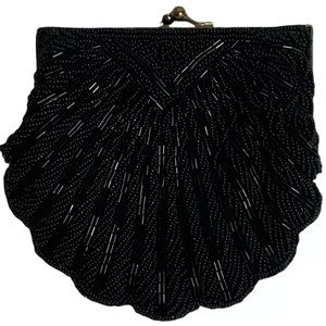 Beaded Purse Vintage Evening Hand Bag Clamshell Black Shell Formal Clutch Retro